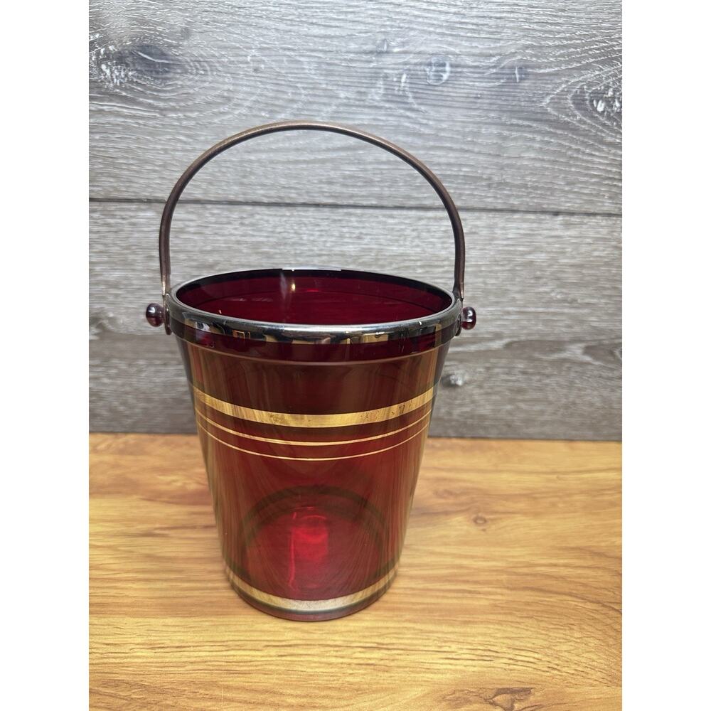 1950’s Mid Century Modern Ruby Red Glass Ice Bucket Gold Trim MCM Barware 6"